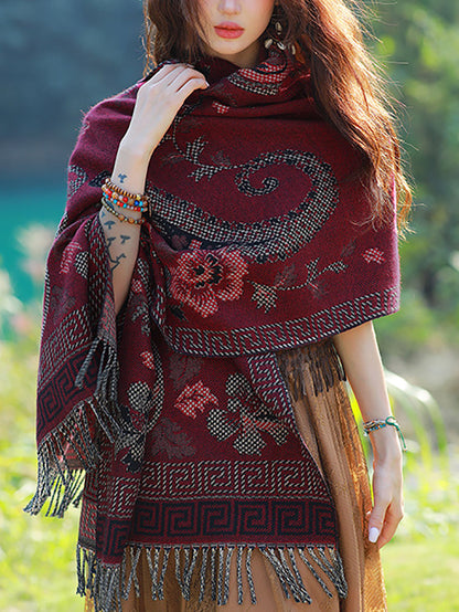 Women Ethnic Flower Tassel Thick Travel Shawl Scarf