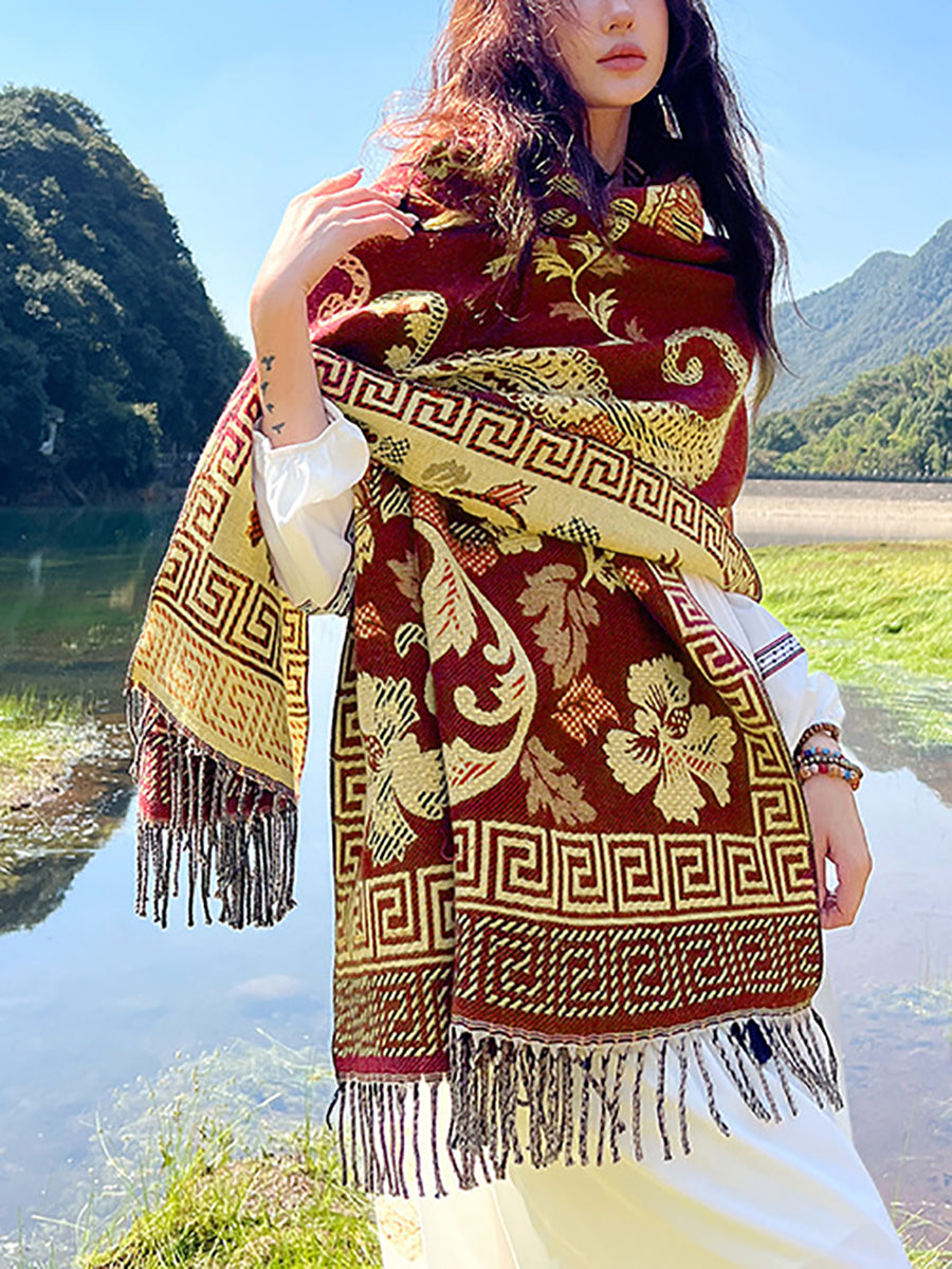 Women Ethnic Flower Tassel Thick Travel Shawl Scarf