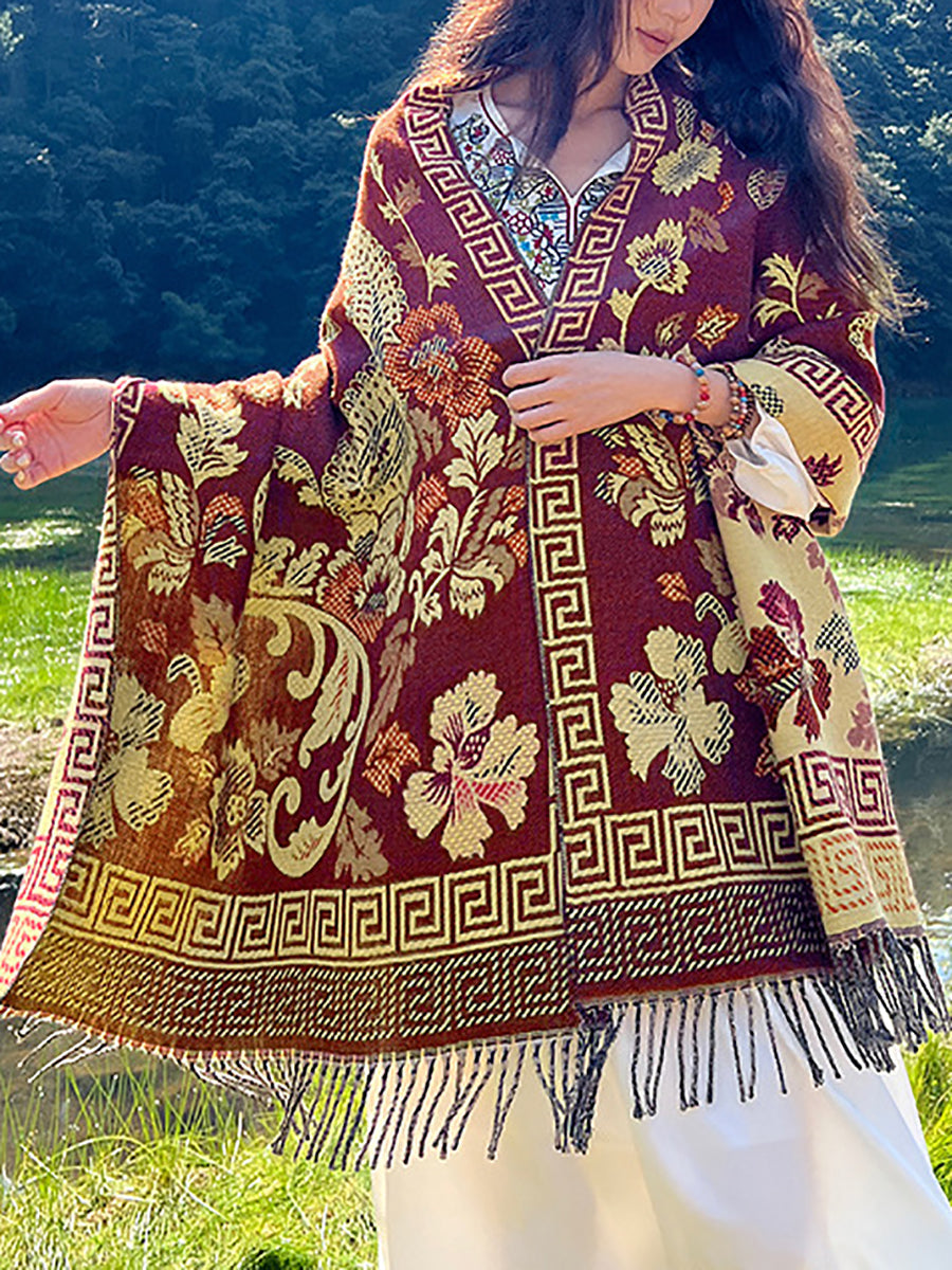 Women Ethnic Flower Tassel Thick Travel Shawl Scarf