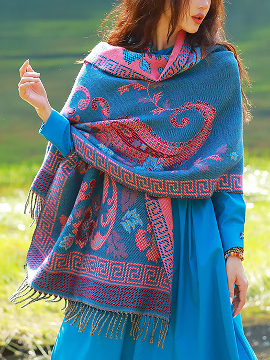 Women Ethnic Flower Tassel Thick Travel Shawl Scarf