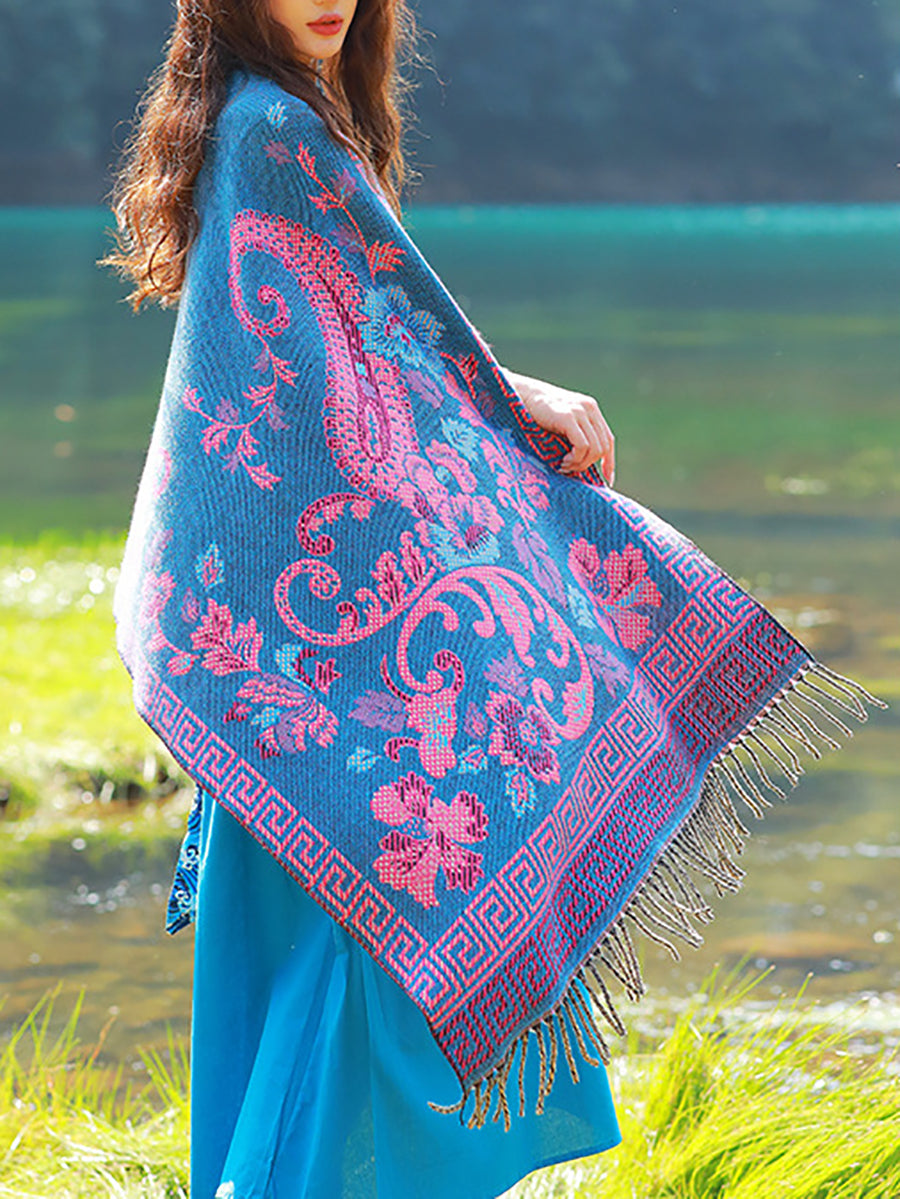 Women Ethnic Flower Tassel Thick Travel Shawl Scarf