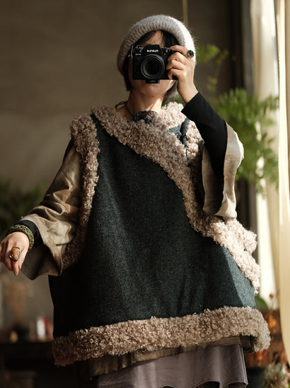 Women Retro Pure Color Wool Fleece Spliced Vest Coat