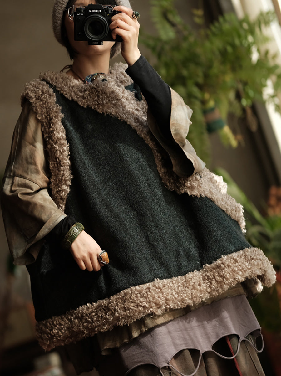 Women Retro Pure Color Wool Fleece Spliced Vest Coat