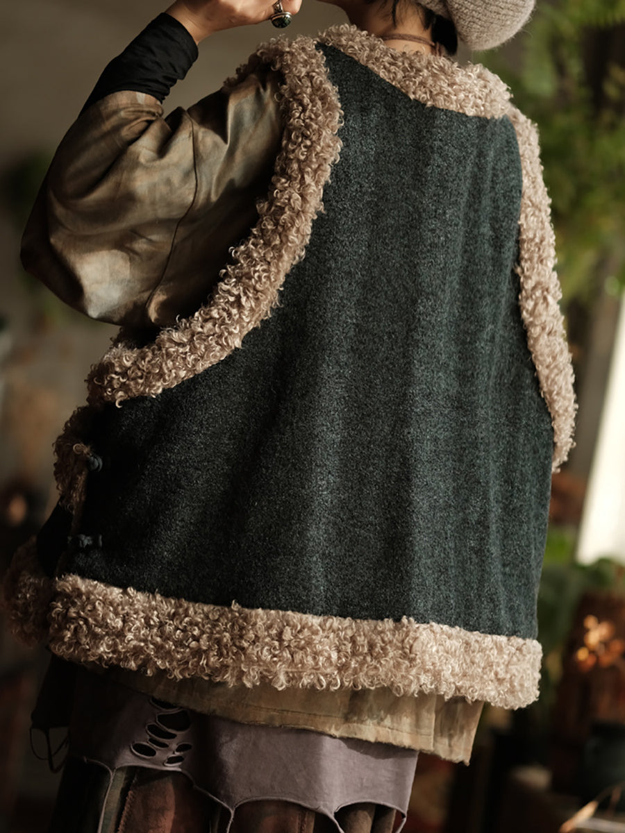 Women Retro Pure Color Wool Fleece Spliced Vest Coat