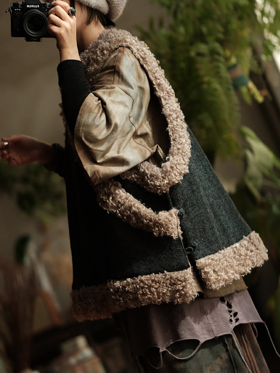 Women Retro Pure Color Wool Fleece Spliced Vest Coat