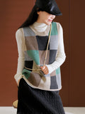 Women Spring Colorblock Plaid Knit Vest