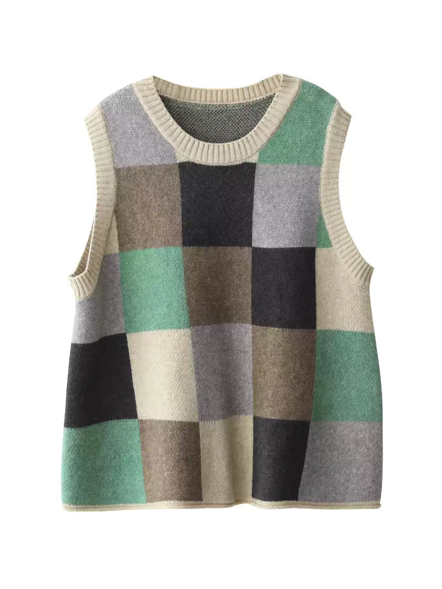 Women Spring Colorblock Plaid Knit Vest