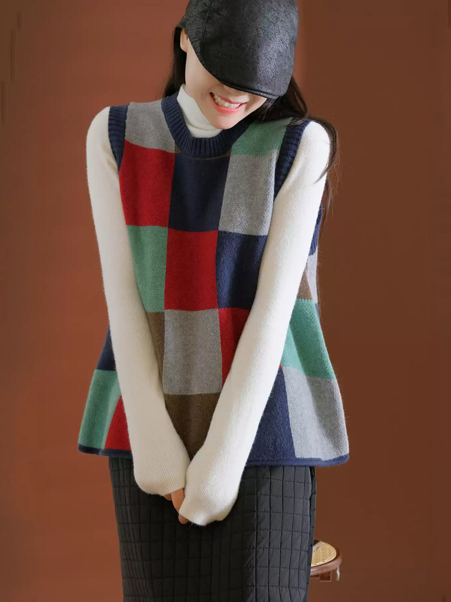 Women Spring Colorblock Plaid Knit Vest