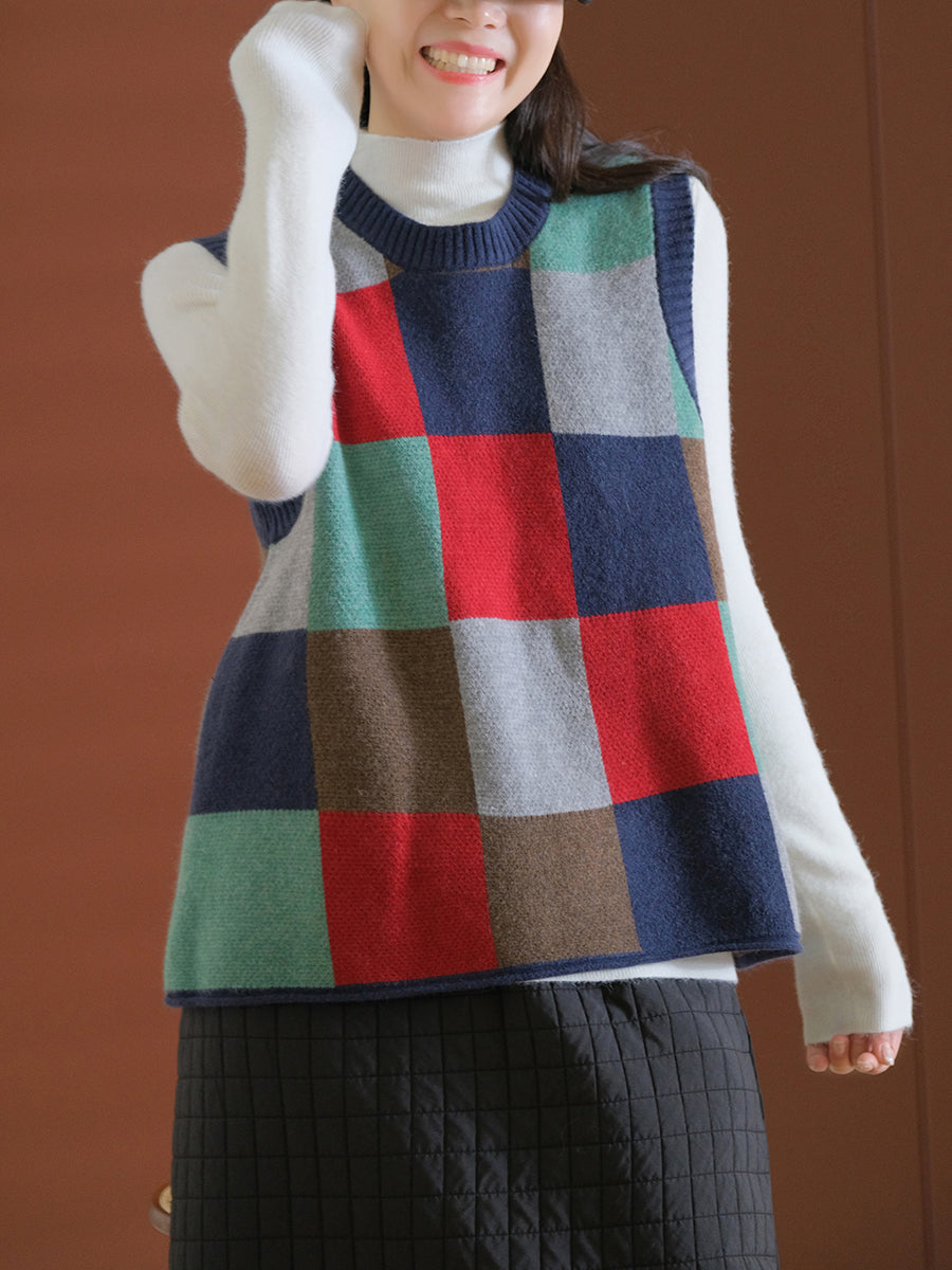 Women Spring Colorblock Plaid Knit Vest