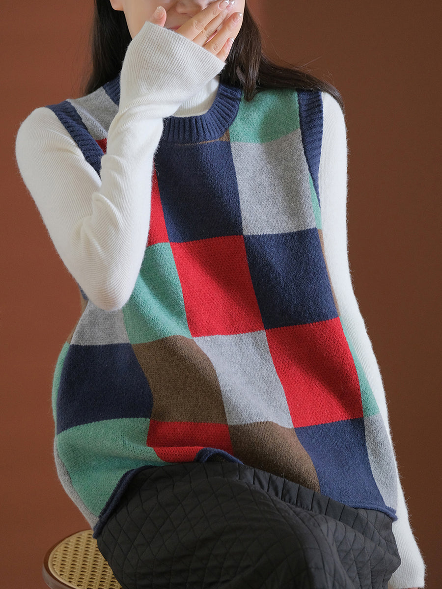 Women Spring Colorblock Plaid Knit Vest