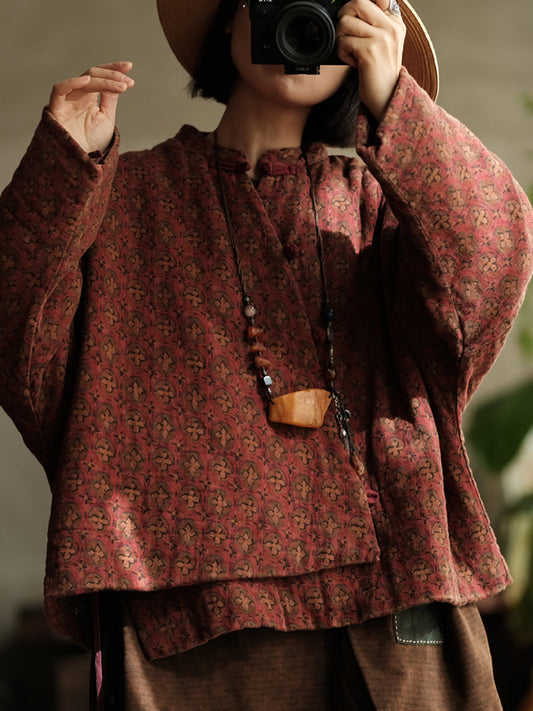 Women Vintage Floral O-Neck Cotton Padded Shirt Coat