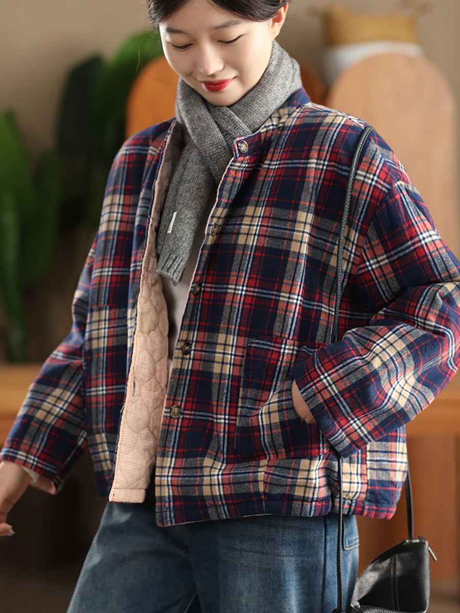 Women Autumn Plaid Dual-side Wearing Padded Coat