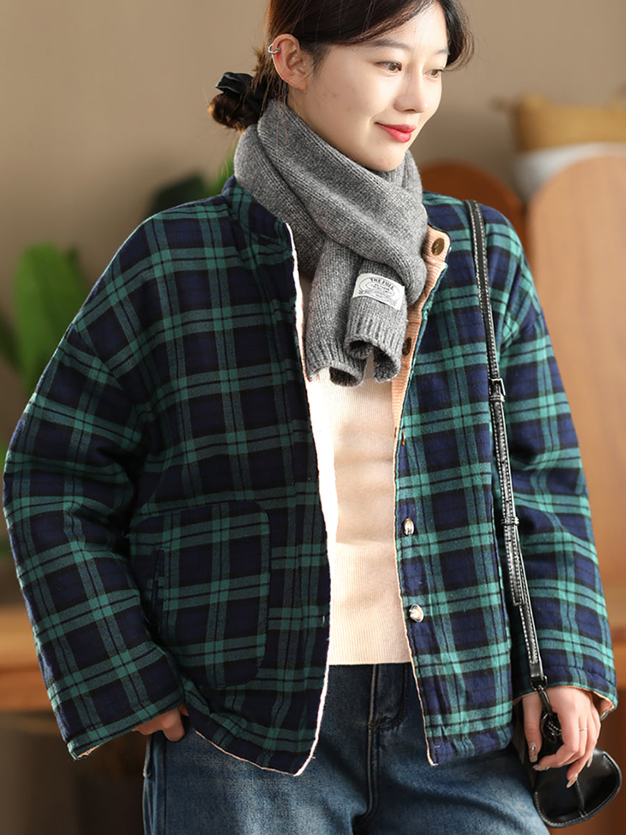 Women Autumn Plaid Dual-side Wearing Padded Coat