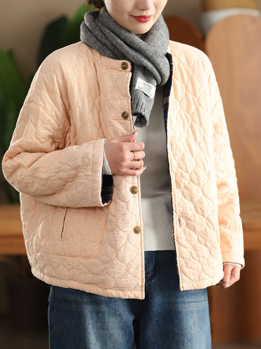 Women Autumn Plaid Dual-side Wearing Padded Coat