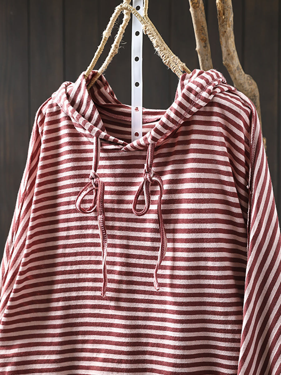 Women Casual Stripe 100%Cotton Hooded