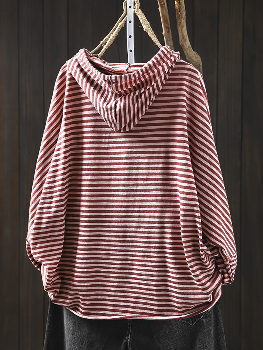 Women Casual Stripe 100%Cotton Hooded