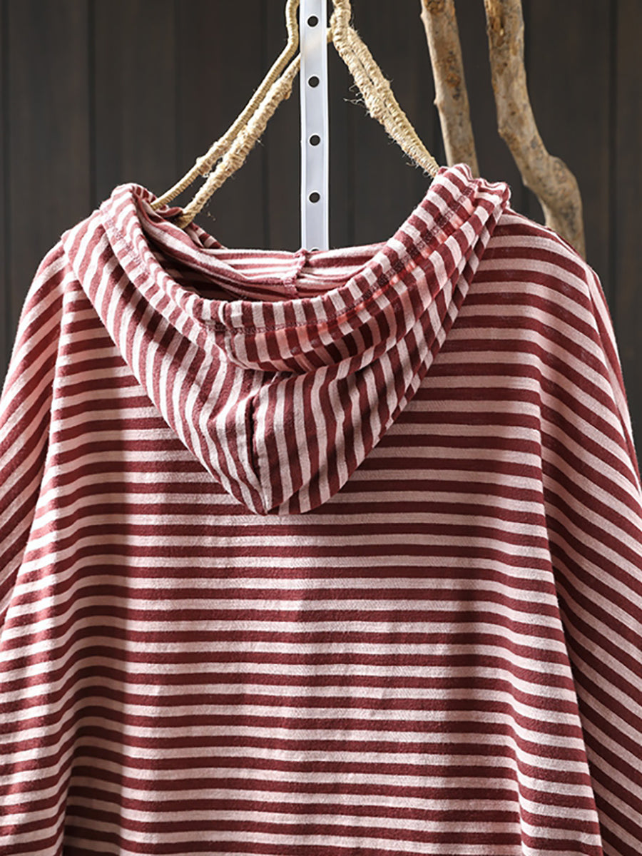 Women Casual Stripe 100%Cotton Hooded