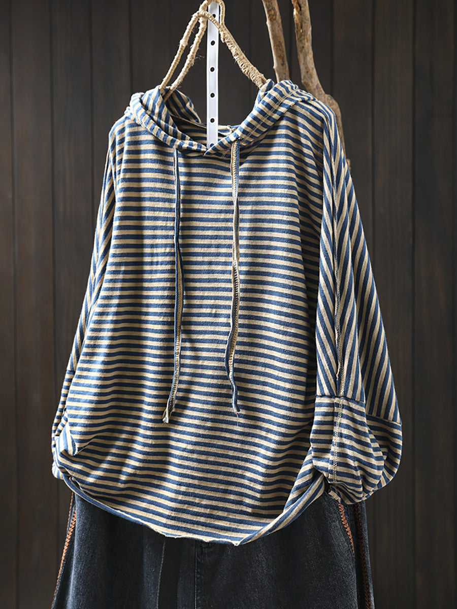 Women Casual Stripe 100%Cotton Hooded