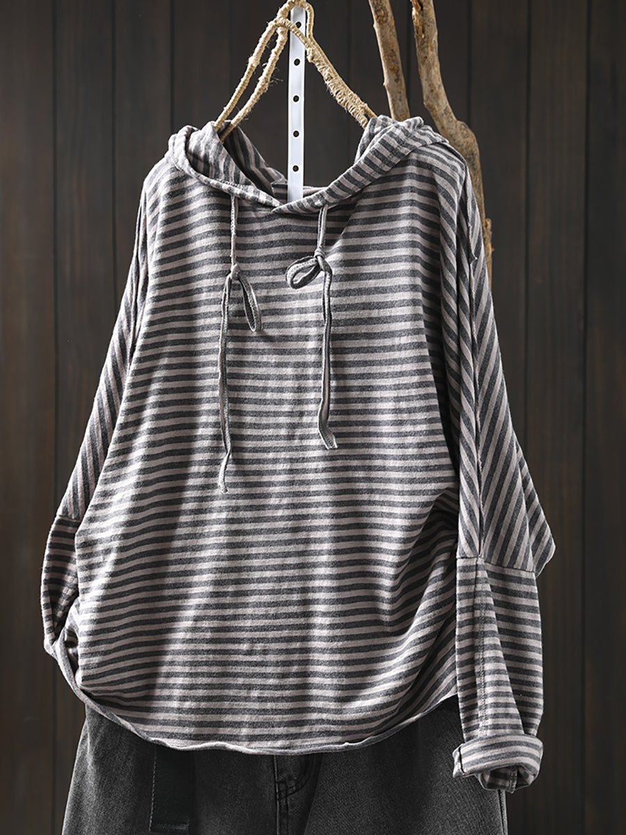 Women Casual Stripe 100%Cotton Hooded