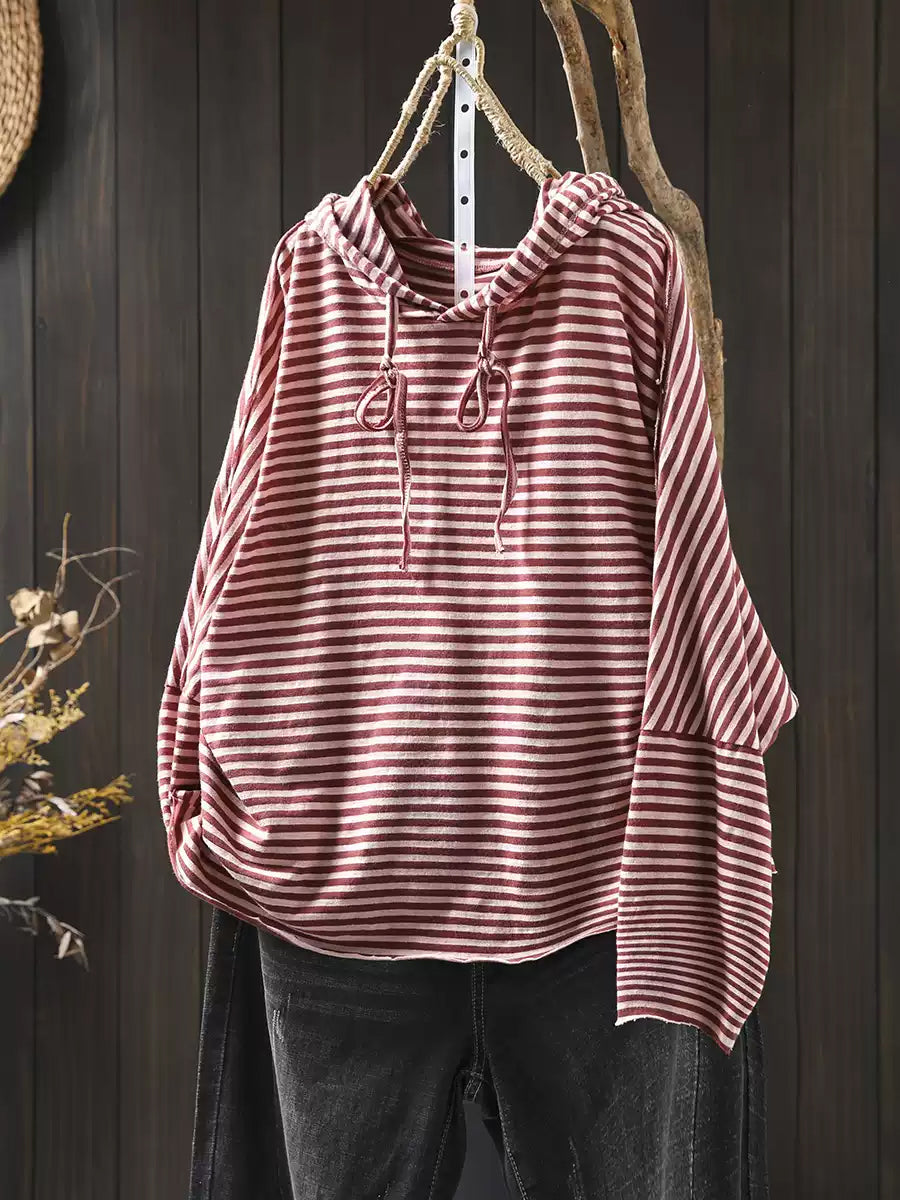 Women Casual Stripe 100%Cotton Hooded