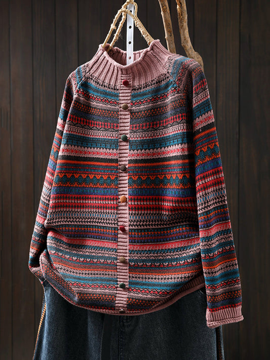 Women Autumn Colorblock Stripe Half-Turtleneck Sweater