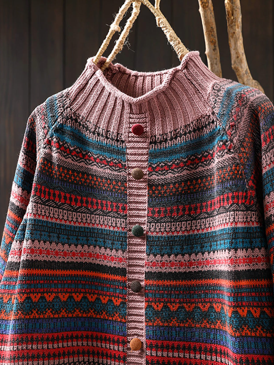 Women Autumn Colorblock Stripe Half-Turtleneck Sweater