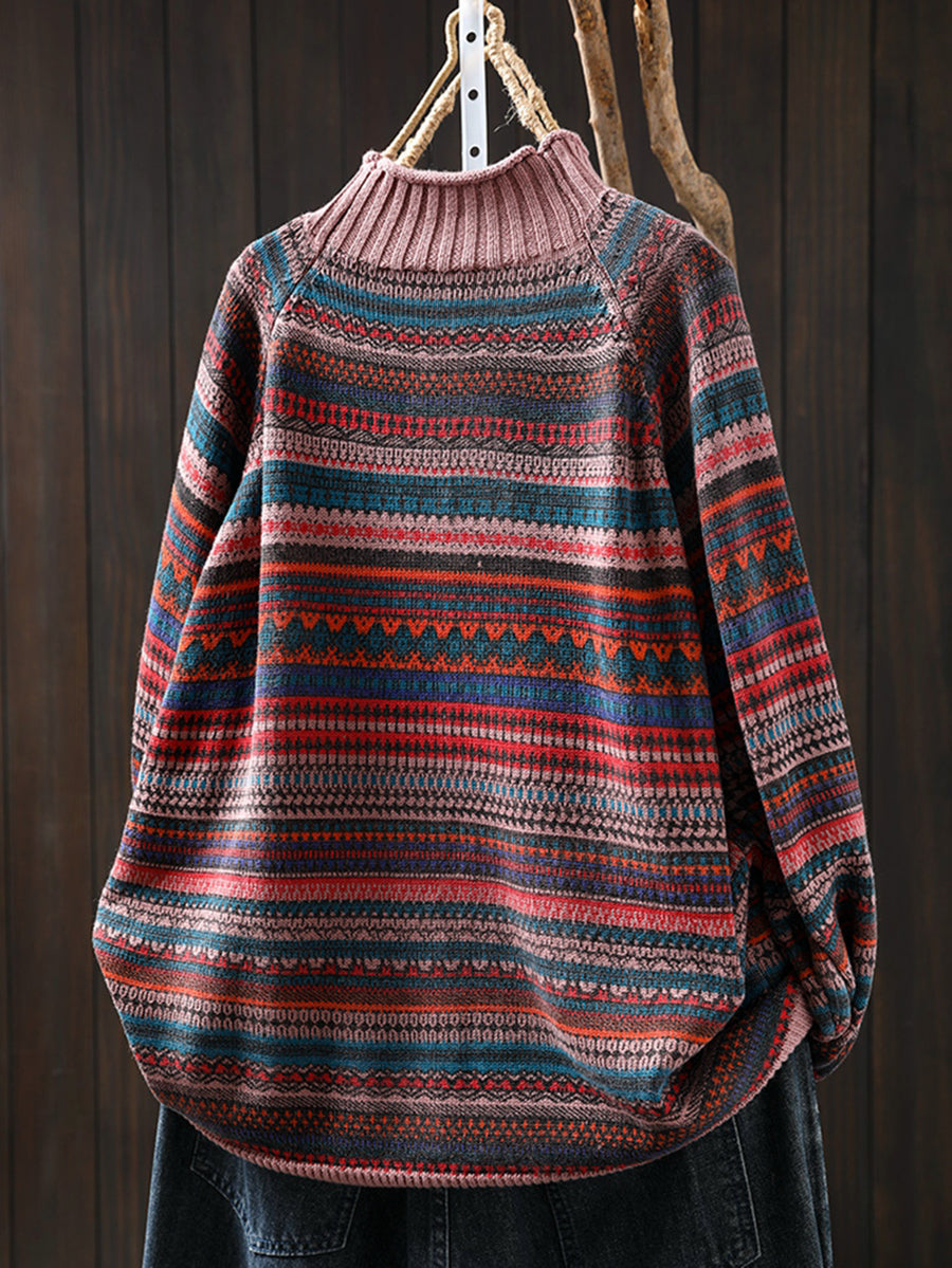 Women Autumn Colorblock Stripe Half-Turtleneck Sweater