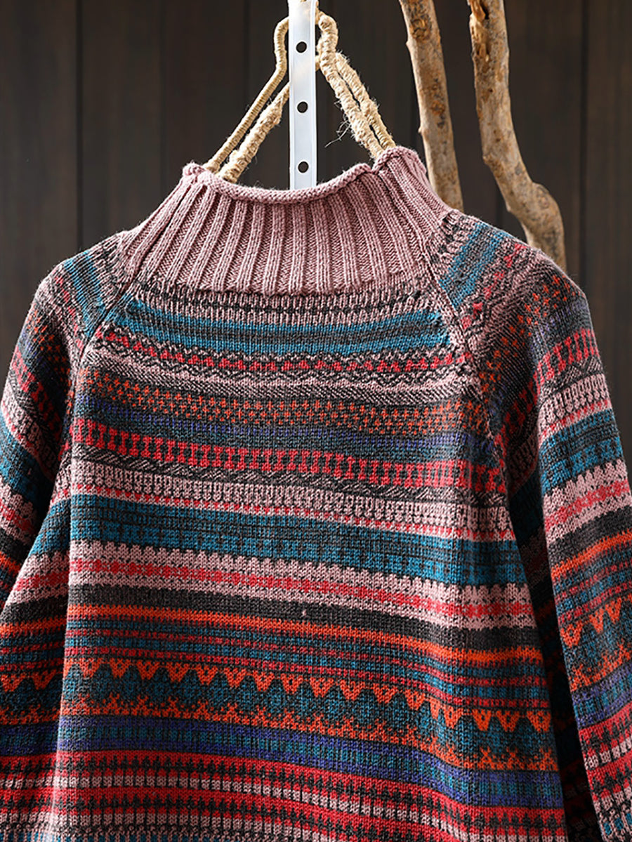 Women Autumn Colorblock Stripe Half-Turtleneck Sweater