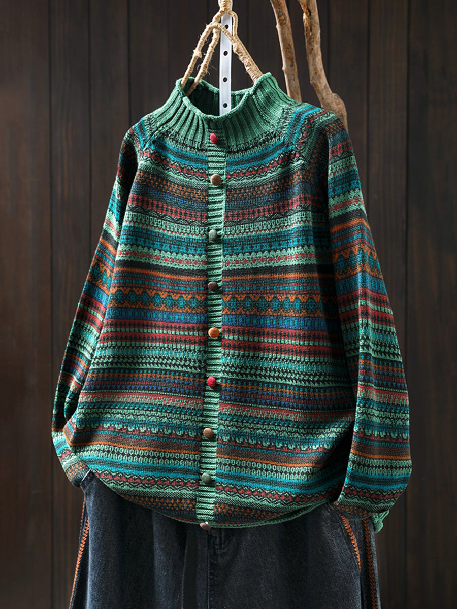 Women Autumn Colorblock Stripe Half-Turtleneck Sweater