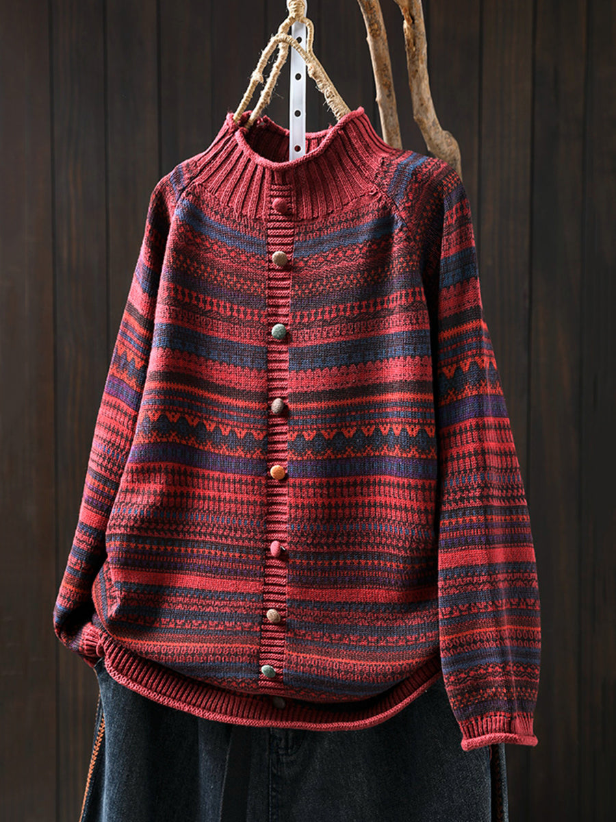 Women Autumn Colorblock Stripe Half-Turtleneck Sweater