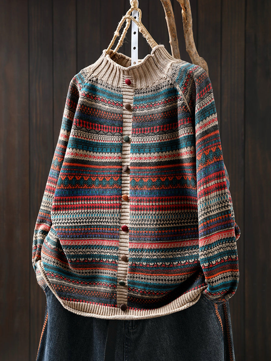 Women Autumn Colorblock Stripe Half-Turtleneck Sweater