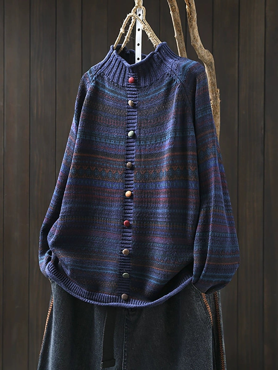 Women Autumn Colorblock Stripe Half-Turtleneck Sweater