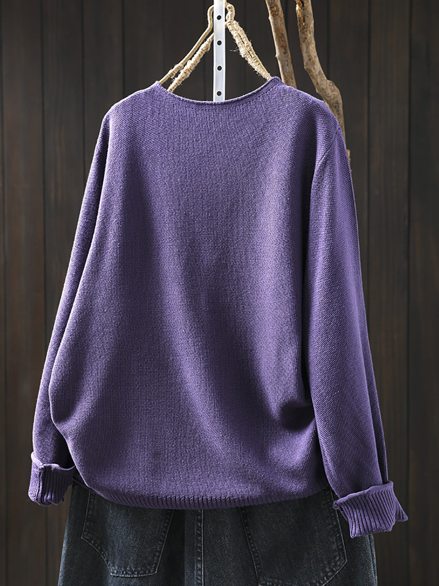 Women Autumn Casual Pure Color V-Neck Sweater