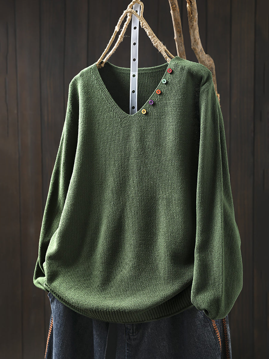 Women Autumn Casual Pure Color V-Neck Sweater