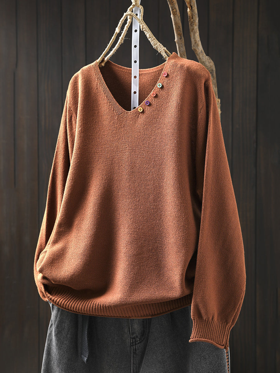 Women Autumn Casual Pure Color V-Neck Sweater