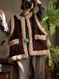 Women Retro Flower Corduroy Fleece Spliced Vest Coat