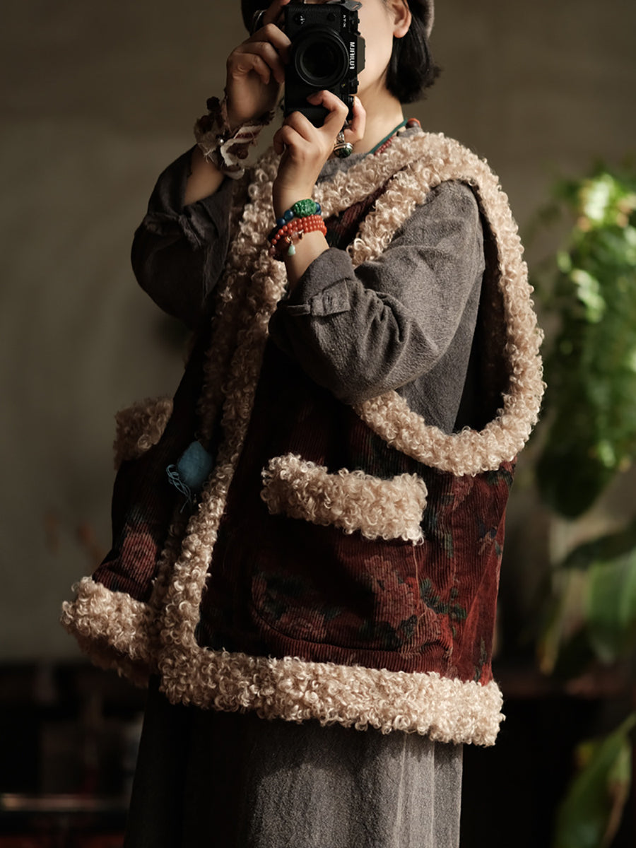 Women Retro Flower Corduroy Fleece Spliced Vest Coat