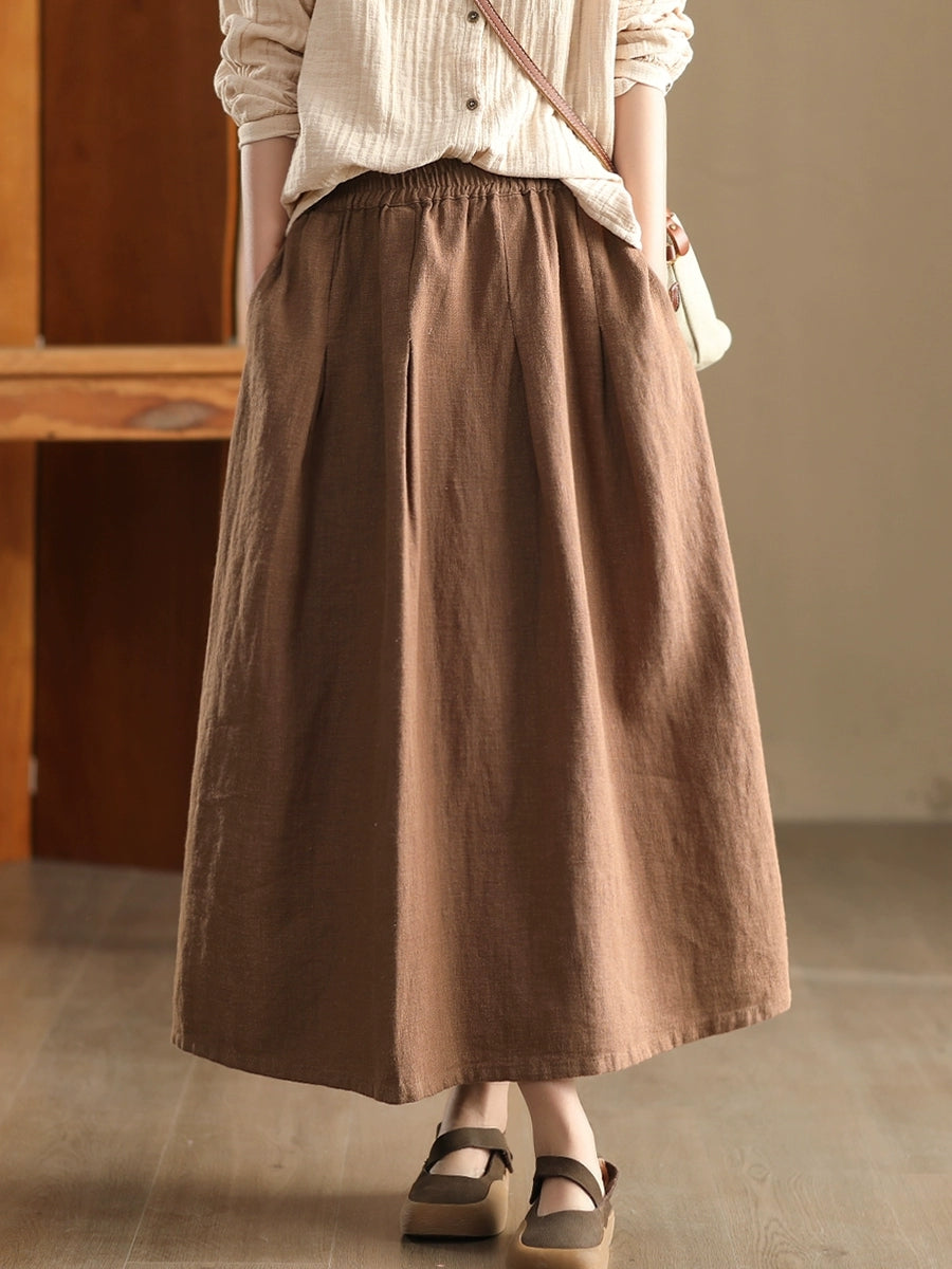 Women Spring Artsy Pure Color Ramie Skirt