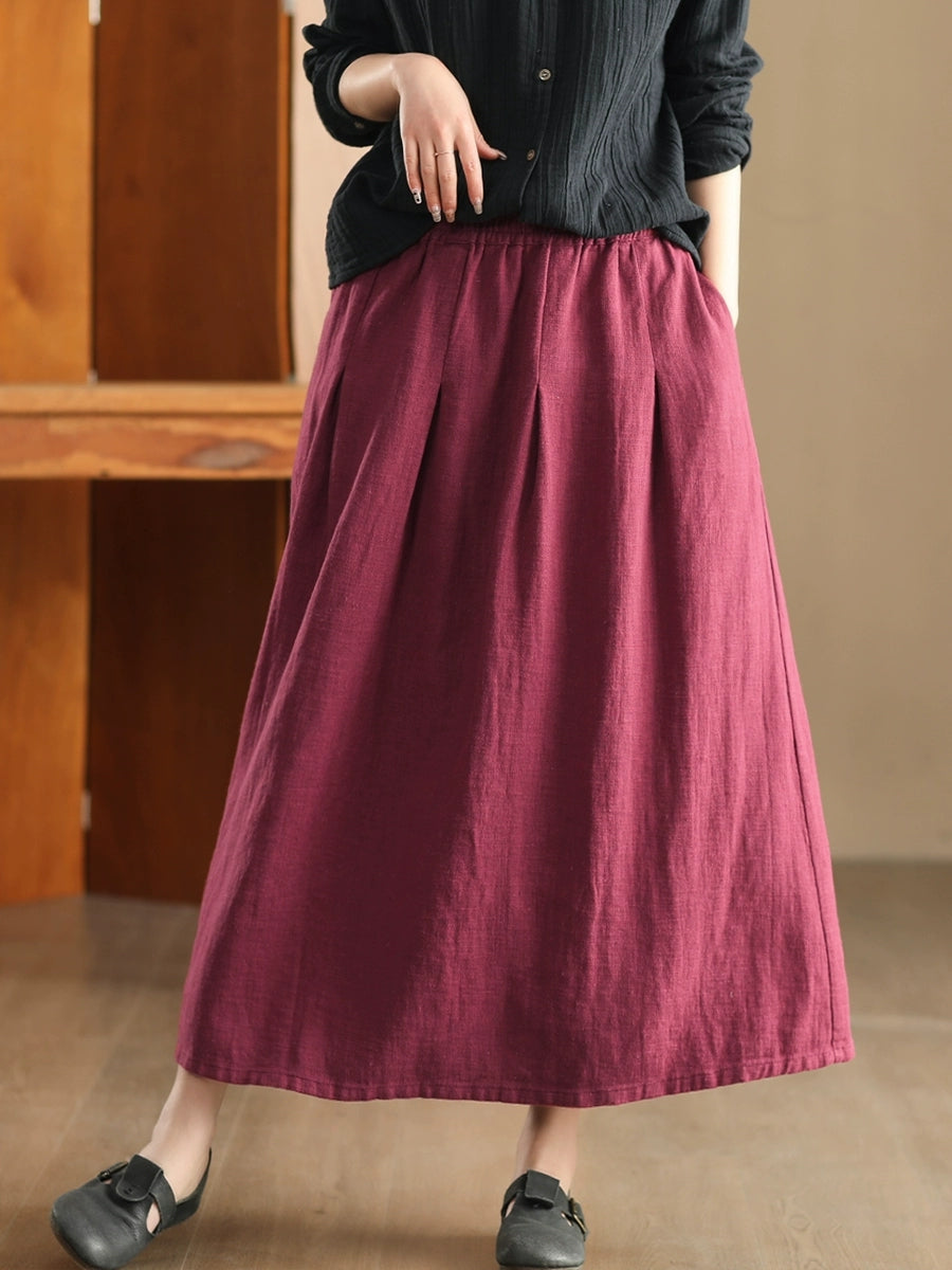 Women Spring Artsy Pure Color Ramie Skirt