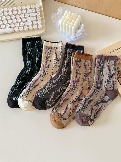 5 Pairs Women Artsy Colorblock Floral Jacquard Cotton Socks