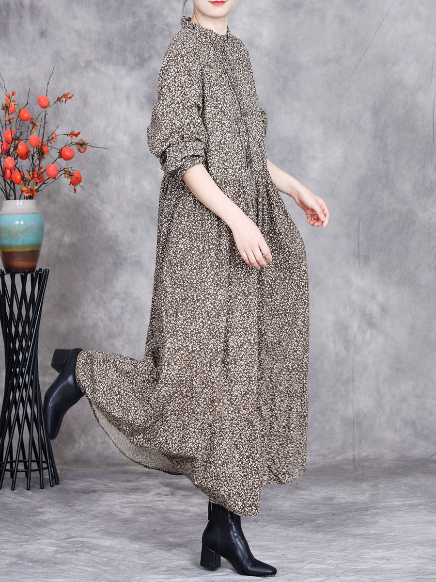 Women Spring Artsy Floral Cotton Linen Dress