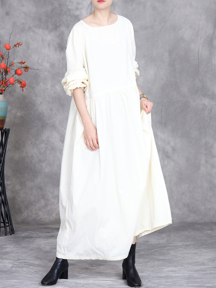 Women Spring Casual Pure Color O-Neck Dress