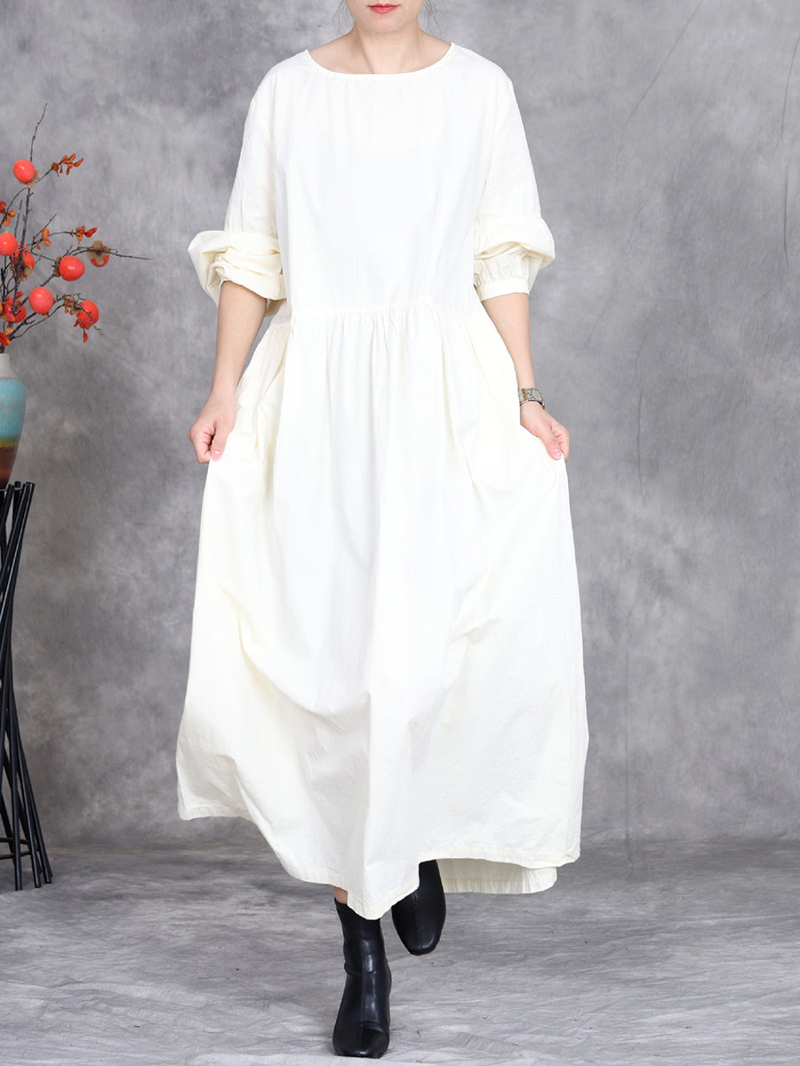 Women Spring Casual Pure Color O-Neck Dress