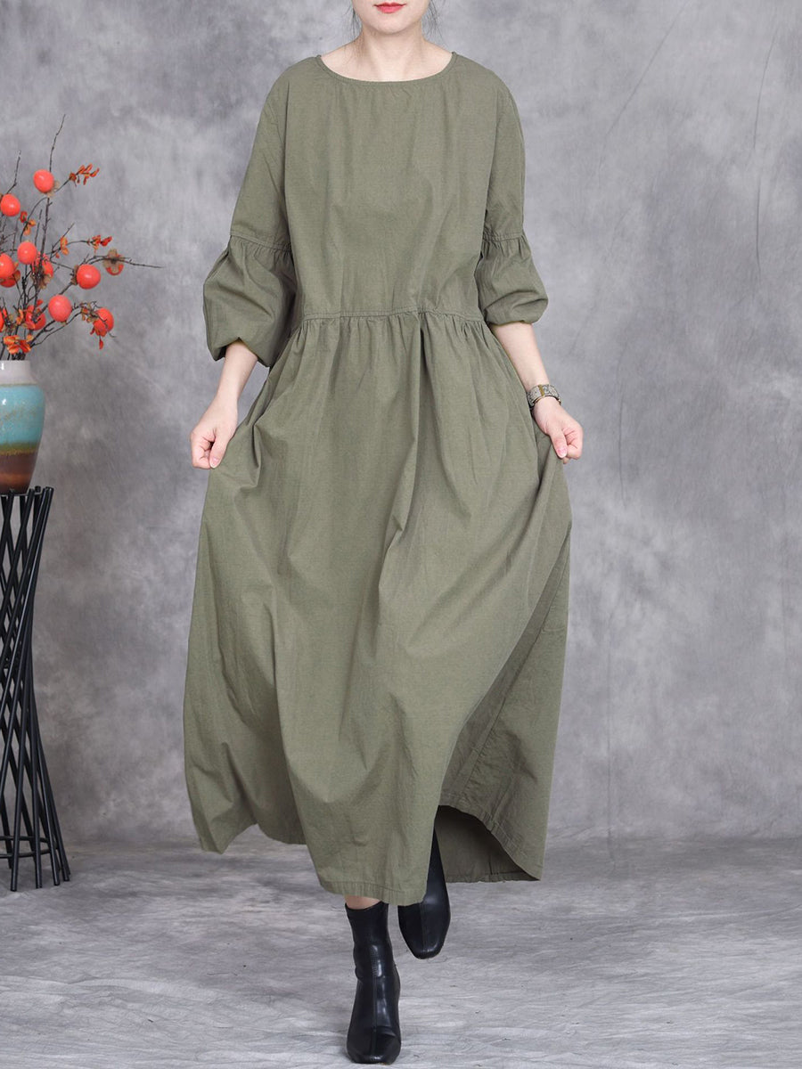 Women Spring Casual Pure Color O-Neck Dress