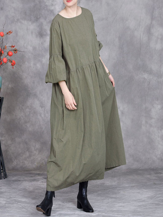 Women Spring Casual Pure Color O-Neck Dress