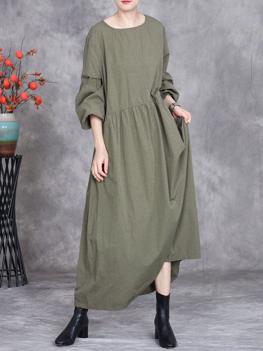 Women Spring Casual Pure Color O-Neck Dress