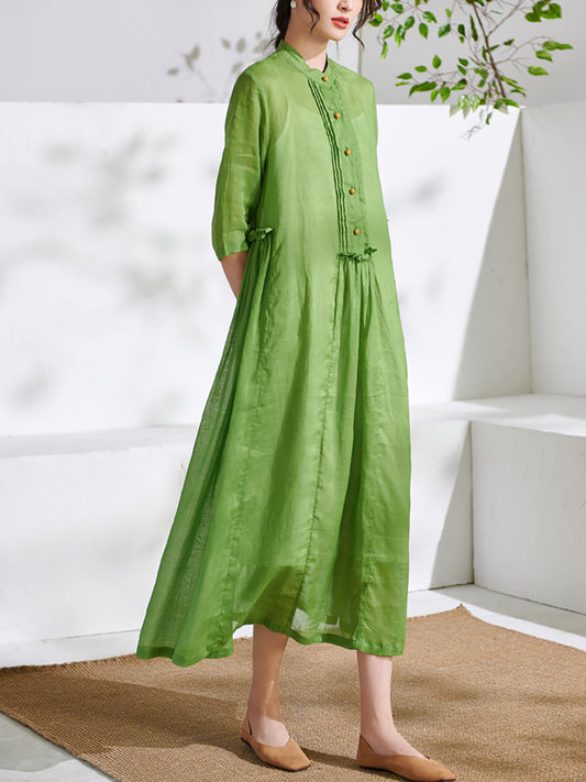 Women Summer Artsy Pure Color Stand Collar 100%Ramie Dress