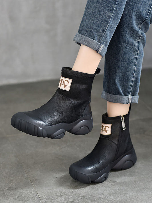 Women Fashion Patch Genuine Leather Platform Boots