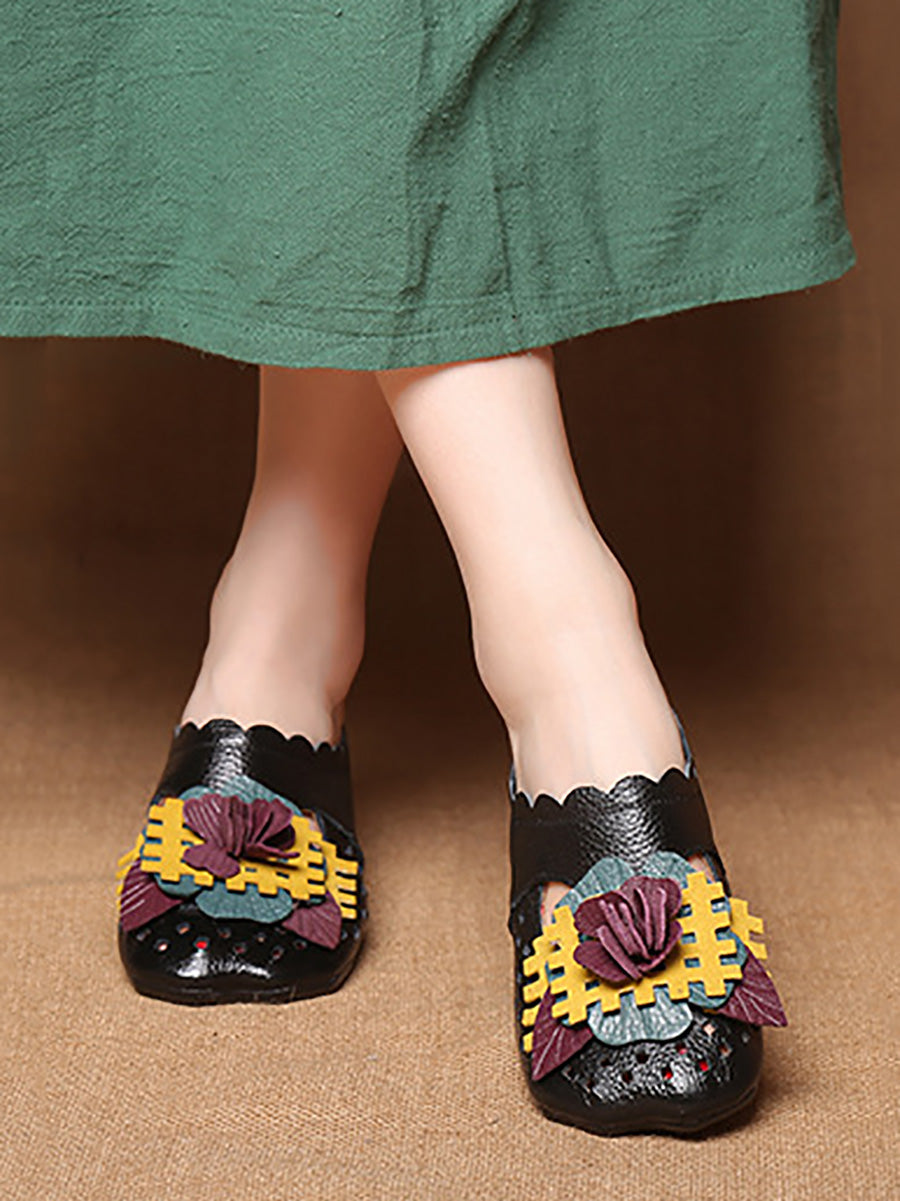 Women Summer Ethnic Leather Flower Spliced Low Heel Sandals