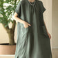 Women Summer Casual Solid Pocket O-Neck Linen Dress